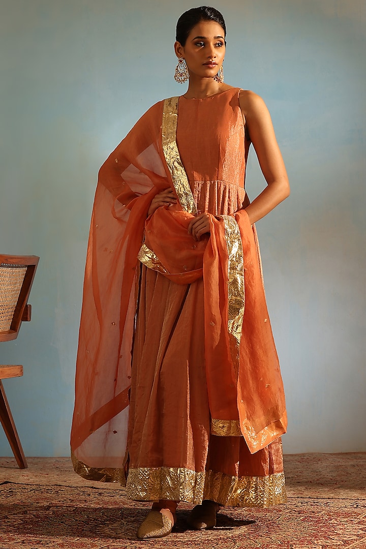 Orange Tissue Silk Hand Embroidered Wedding Anarkali Set by Weaverstory at Pernia's Pop Up Shop