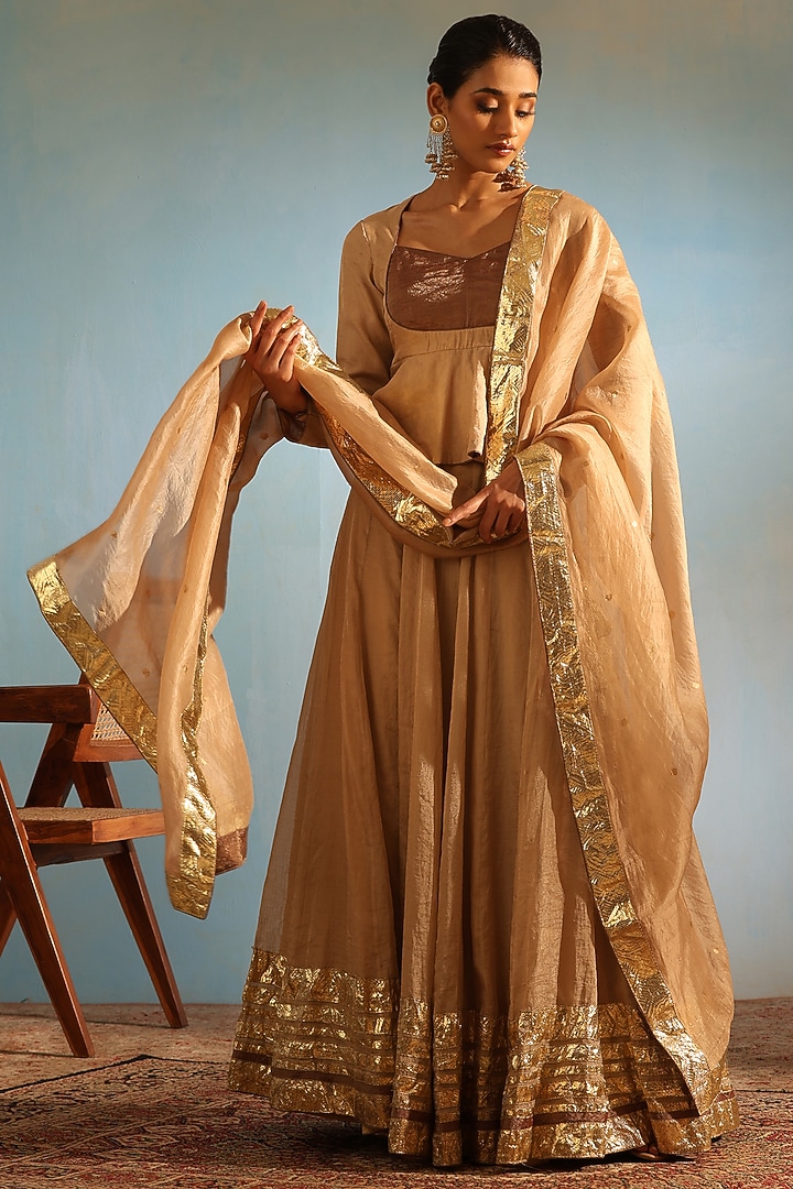 Beige Tissue Silk Hand Embroidered Wedding Lehenga Set by Weaverstory at Pernia's Pop Up Shop