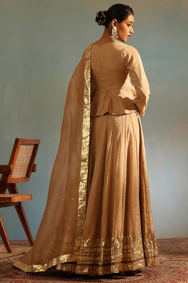 Beige Tissue Silk Hand Embroidered Wedding Lehenga Set by Weaverstory at Pernia's Pop Up Shop