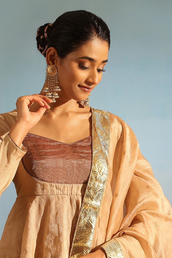 Beige Tissue Silk Hand Embroidered Wedding Lehenga Set by Weaverstory at Pernia's Pop Up Shop