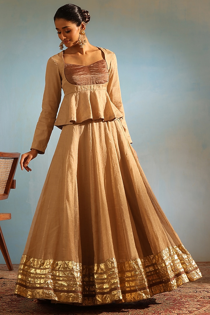 Beige Tissue Silk Hand Embroidered Wedding Lehenga Set by Weaverstory at Pernia's Pop Up Shop