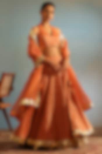Orange Tissue Silk Hand Embroidered Kalidar Wedding Lehenga Set by Weaverstory at Pernia's Pop Up Shop