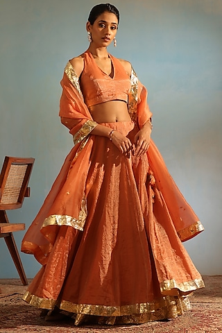 Orange Tissue Silk Hand Embroidered Kalidar Lehenga Set by Weaverstory