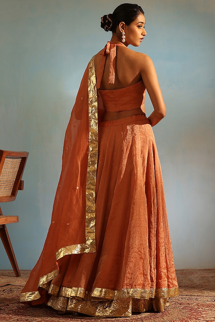 Orange Tissue Silk Hand Embroidered Kalidar Wedding Lehenga Set by Weaverstory at Pernia's Pop Up Shop