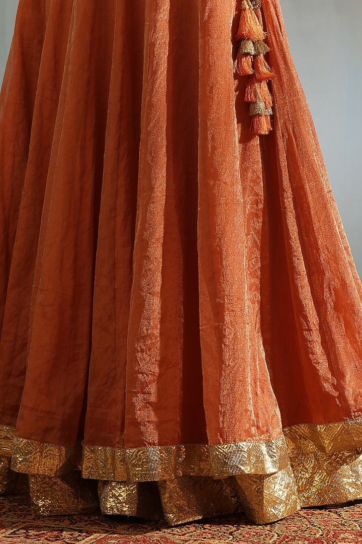 Orange Tissue Silk Hand Embroidered Kalidar Wedding Lehenga Set by Weaverstory at Pernia's Pop Up Shop