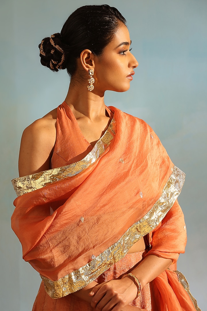 Orange Tissue Silk Hand Embroidered Kalidar Wedding Lehenga Set by Weaverstory at Pernia's Pop Up Shop