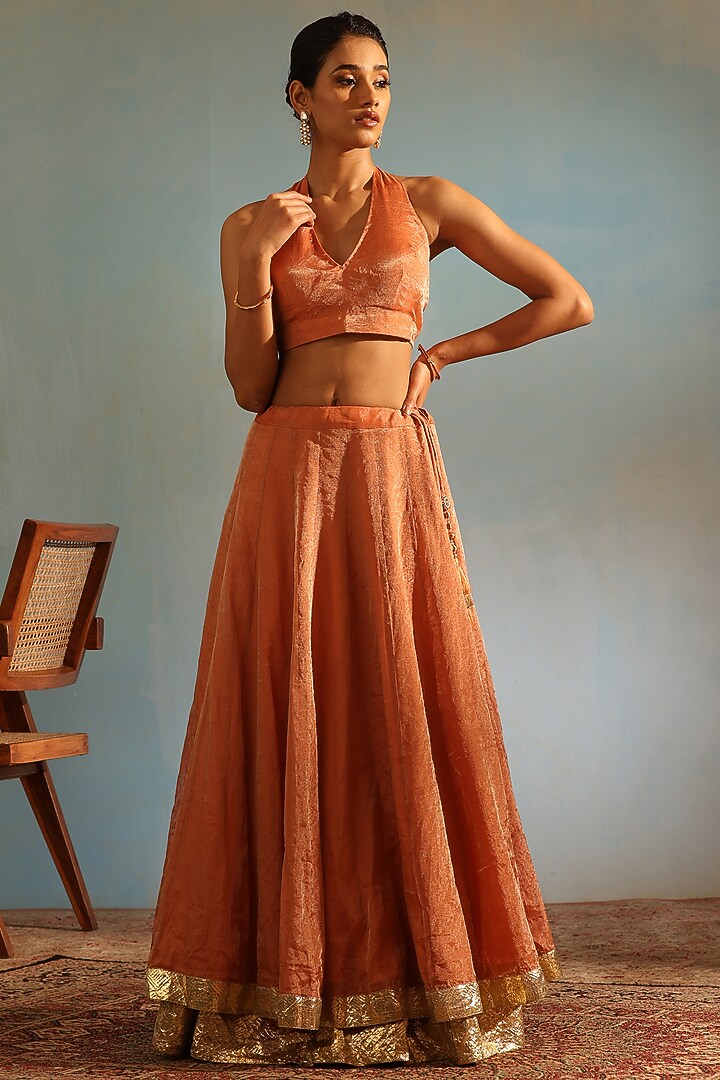 Orange Tissue Silk Hand Embroidered Kalidar Wedding Lehenga Set by Weaverstory at Pernia's Pop Up Shop