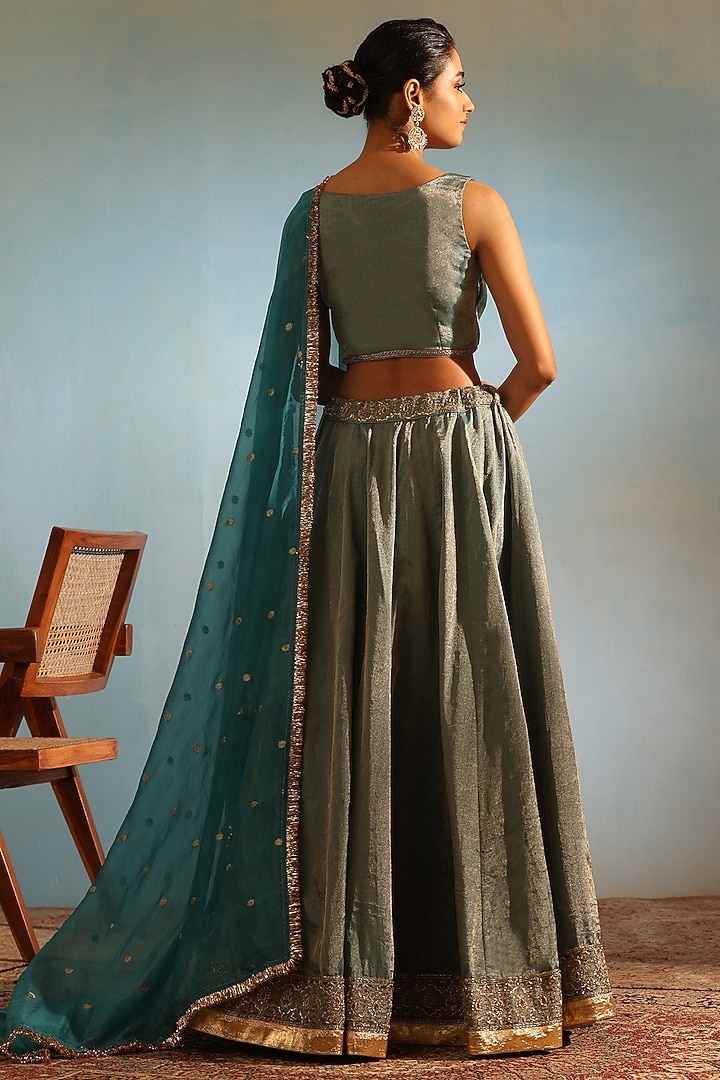 Blue Tissue Silk Zardosi Hand Embroidered Wedding Lehenga Set by Weaverstory at Pernia's Pop Up Shop