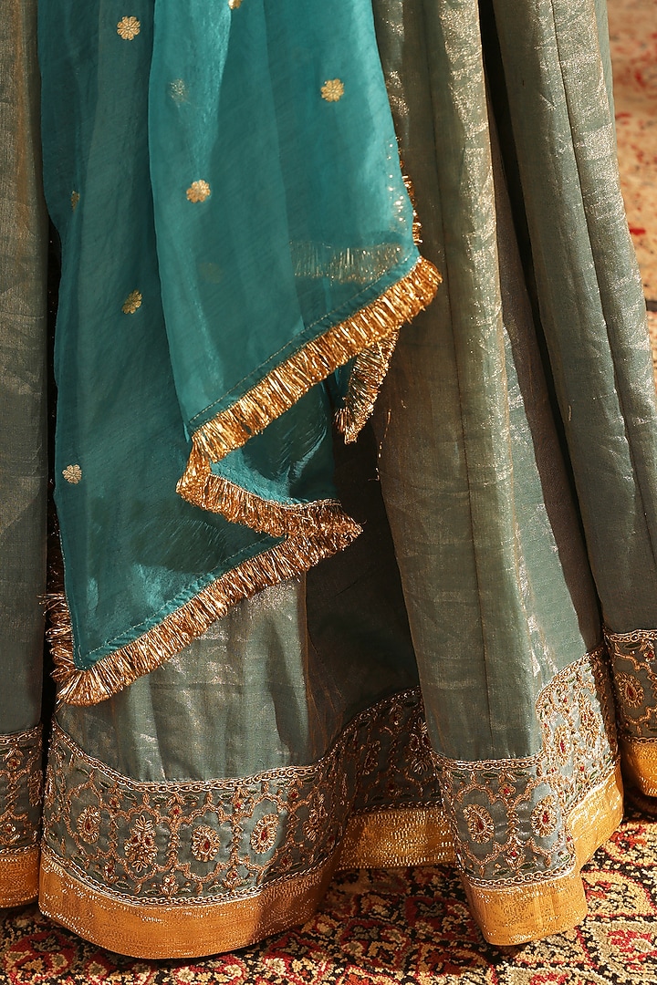 Blue Tissue Silk Zardosi Hand Embroidered Wedding Lehenga Set by Weaverstory at Pernia's Pop Up Shop