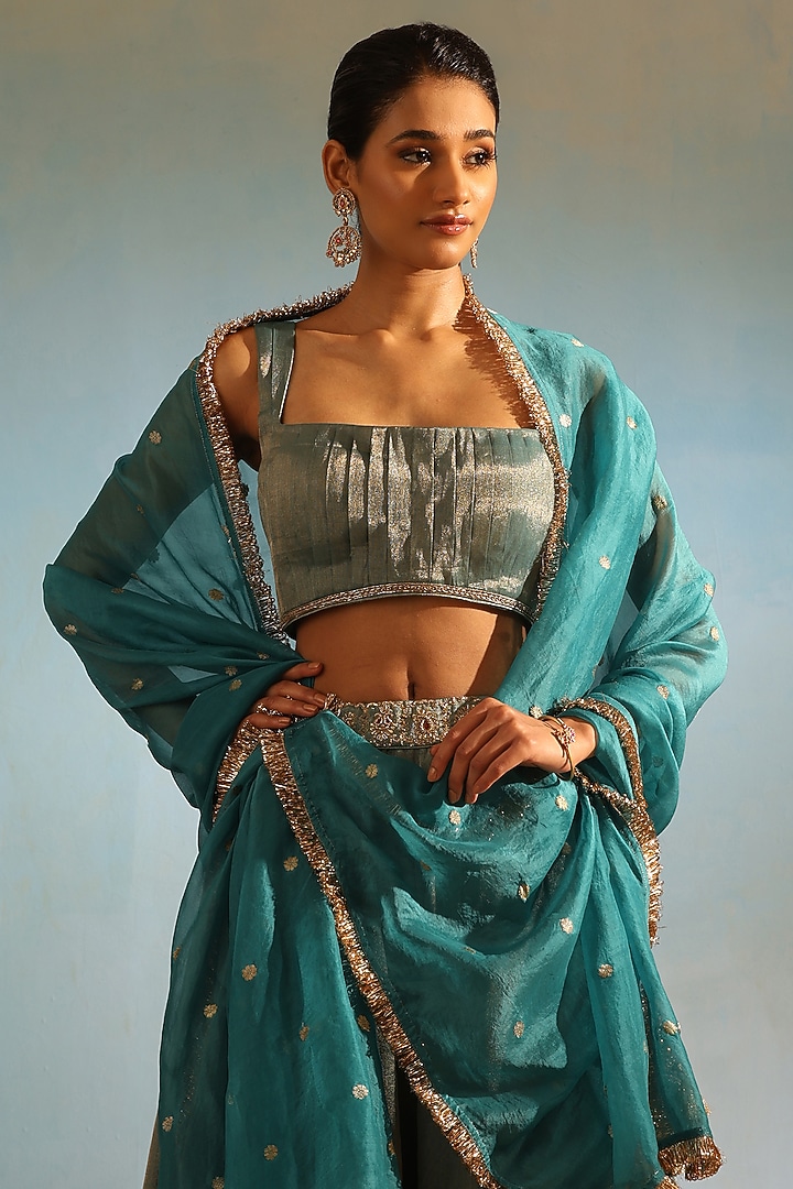 Blue Tissue Silk Zardosi Hand Embroidered Wedding Lehenga Set by Weaverstory at Pernia's Pop Up Shop