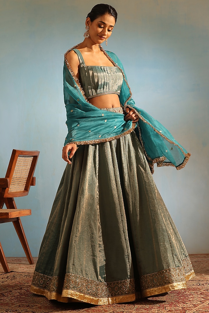 Blue Tissue Silk Zardosi Hand Embroidered Wedding Lehenga Set by Weaverstory at Pernia's Pop Up Shop