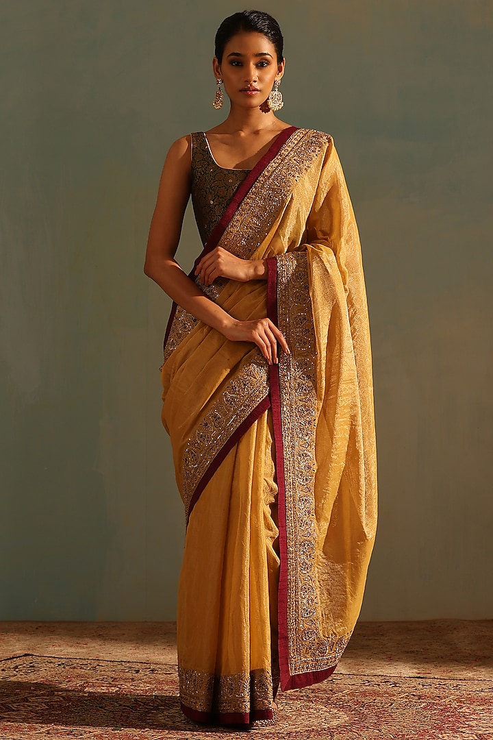 Yellow Tissue Hand Embroidered Saree by Weaverstory at Pernia's Pop Up Shop