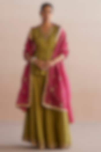 Mehendi Green Cotton Tissue Hand Embroidered Wedding Sharara Set by Weaverstory at Pernia's Pop Up Shop