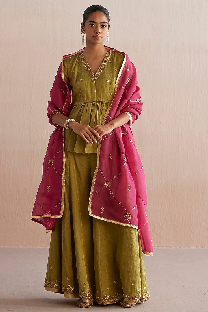 Mehendi Green Cotton Tissue Hand Embroidered Wedding Sharara Set by Weaverstory at Pernia's Pop Up Shop