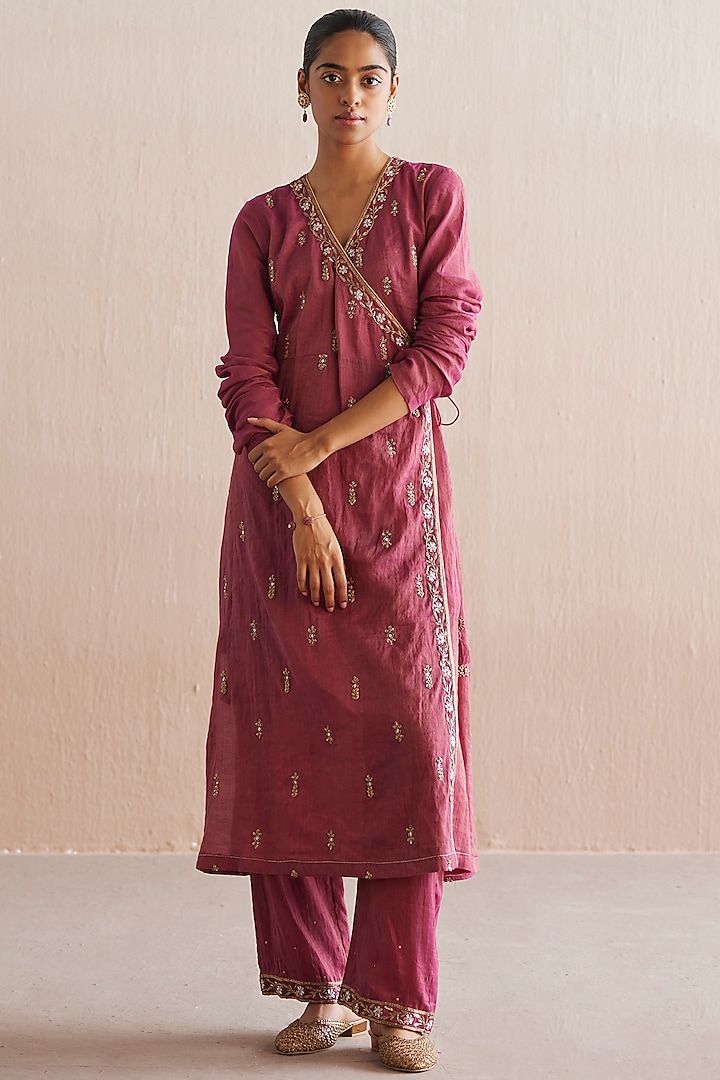 Rani Pink Cotton Tissue Hand Embroidered Angrakha Kurta Set by Weaverstory at Pernia's Pop Up Shop