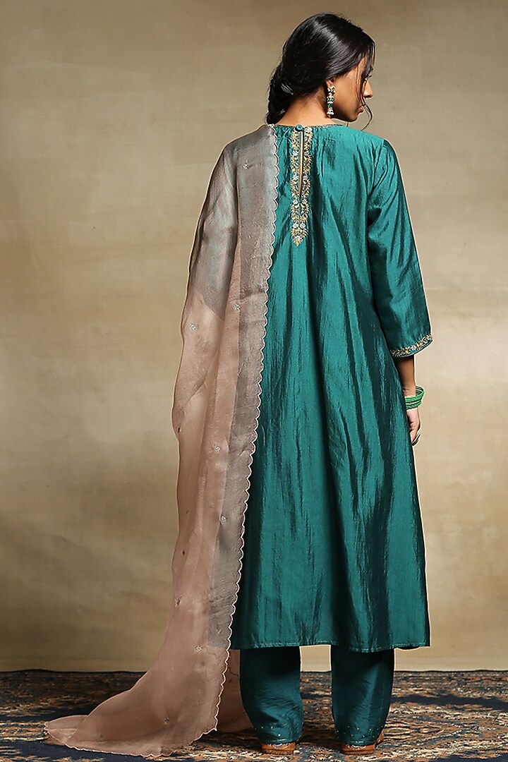 Teal Chanderi A-Line Kurta Set by Weaverstory at Pernia's Pop Up Shop