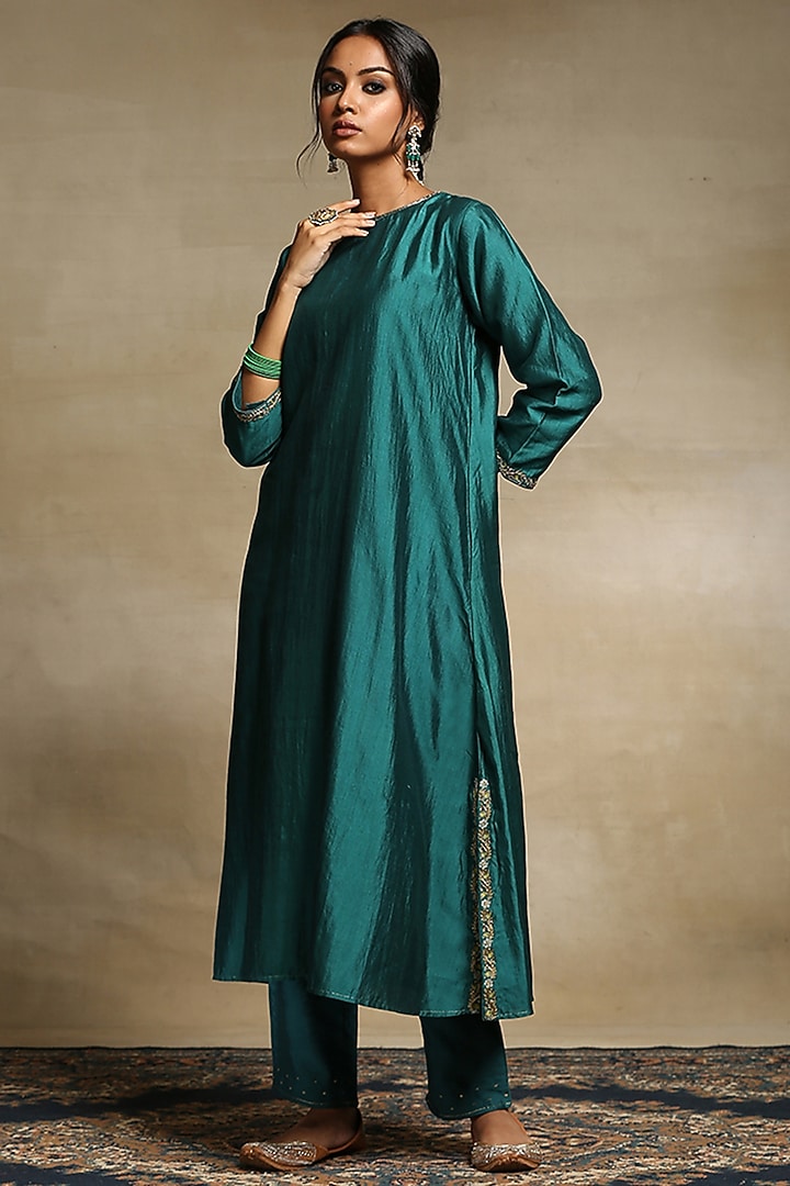 Teal Chanderi A-Line Kurta Set by Weaverstory at Pernia's Pop Up Shop