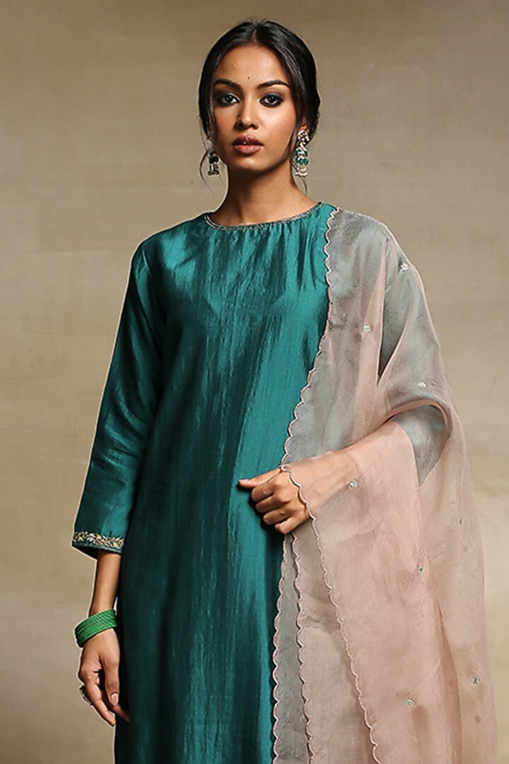 Teal Chanderi A-Line Kurta Set by Weaverstory at Pernia's Pop Up Shop