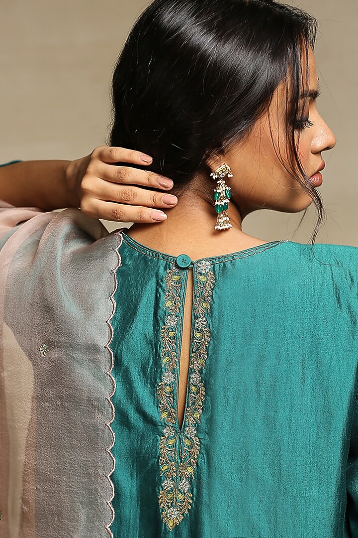 Teal Chanderi A-Line Kurta Set by Weaverstory at Pernia's Pop Up Shop