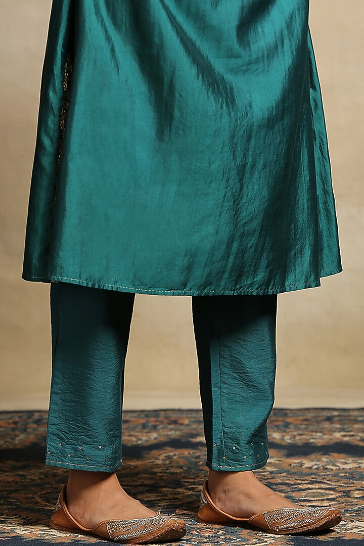 Teal Chanderi A-Line Kurta Set by Weaverstory at Pernia's Pop Up Shop