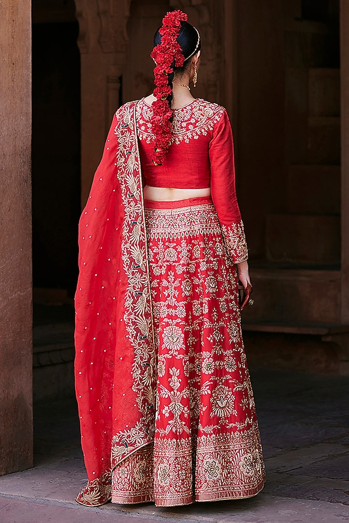 Red Katan Silk Zardosi Hand Embroidered Brocade Banarasi Bridal Lehenga Set by Weaverstory at Pernia's Pop Up Shop