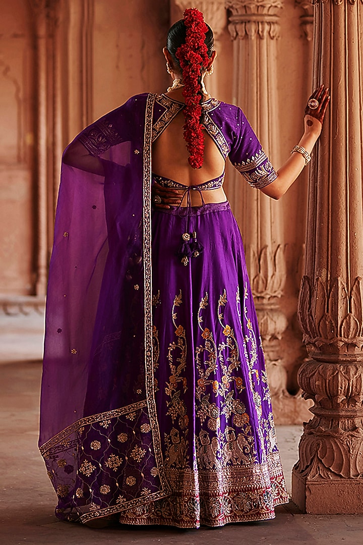 Deep Purple Katan Silk Zardosi Hand Embroidered Banarasi Brocade Kalidar Bridal Lehenga Set by Weaverstory at Pernia's Pop Up Shop