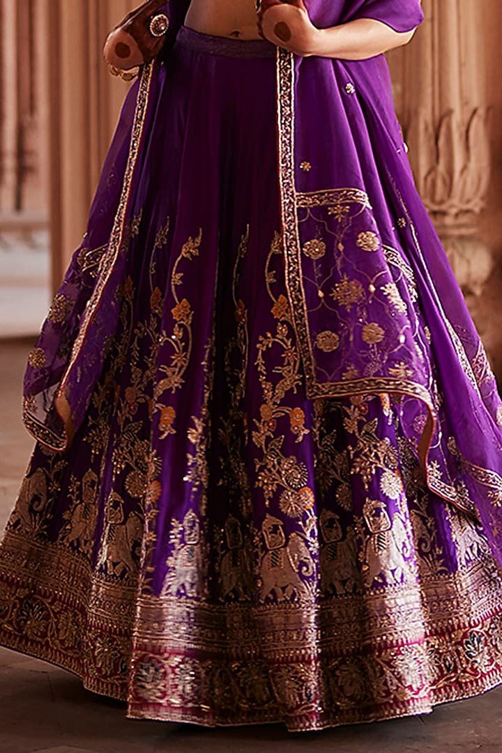 Deep Purple Katan Silk Zardosi Hand Embroidered Banarasi Brocade Kalidar Bridal Lehenga Set by Weaverstory at Pernia's Pop Up Shop
