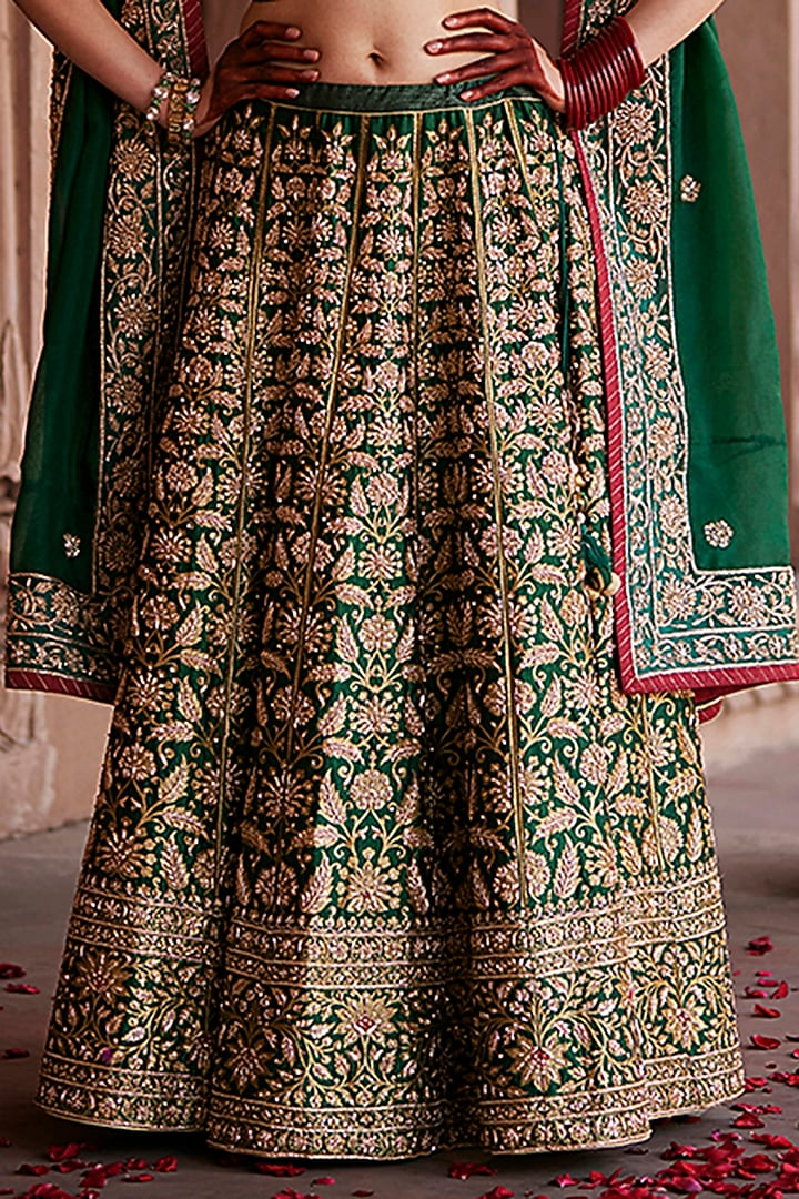 Deep Green Katan Silk Zardosi Hand Embroidered Banarasi Brocade Kalidar Bridal Lehenga Set by Weaverstory at Pernia's Pop Up Shop
