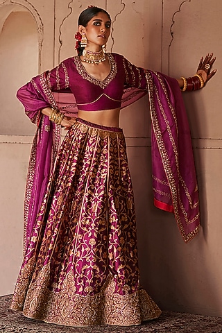 Mulled Wine Katan Silk Zardosi Hand Embroidered Banarasi Brocade Kalidar Lehenga Set by Weaverstory