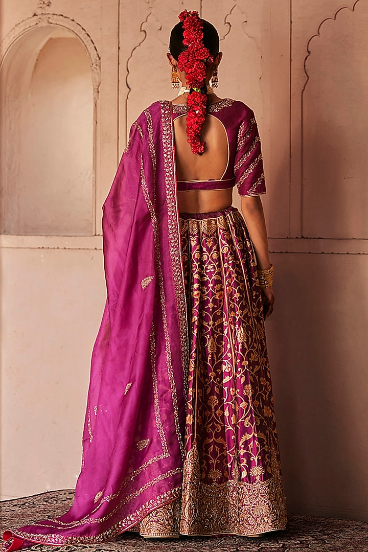 Mulled Wine Katan Silk Zardosi Hand Embroidered Banarasi Brocade Kalidar Bridal Lehenga Set by Weaverstory at Pernia's Pop Up Shop