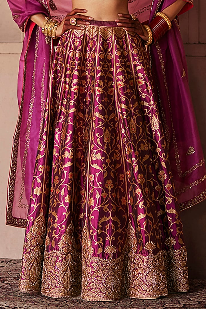 Mulled Wine Katan Silk Zardosi Hand Embroidered Banarasi Brocade Kalidar Bridal Lehenga Set by Weaverstory at Pernia's Pop Up Shop