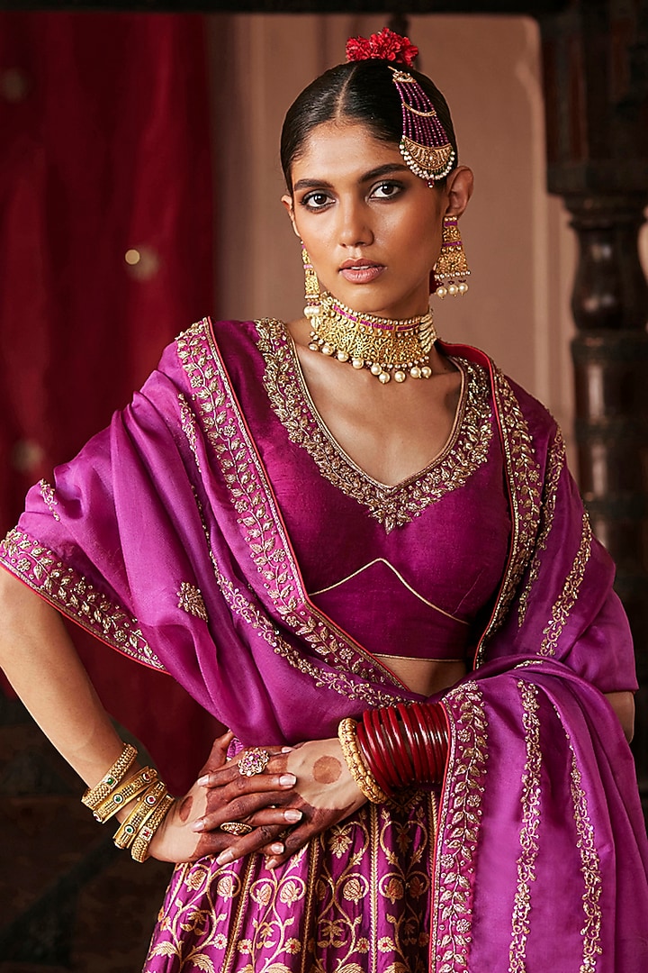 Mulled Wine Katan Silk Zardosi Hand Embroidered Banarasi Brocade Kalidar Bridal Lehenga Set by Weaverstory at Pernia's Pop Up Shop