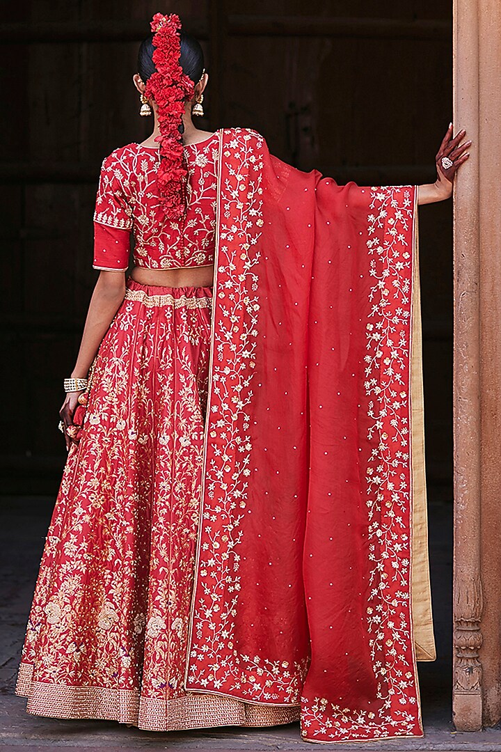 Red Katan Silk Zardosi Hand Embroidered Brocade Banarasi Kalidar Bridal Lehenga Set by Weaverstory at Pernia's Pop Up Shop