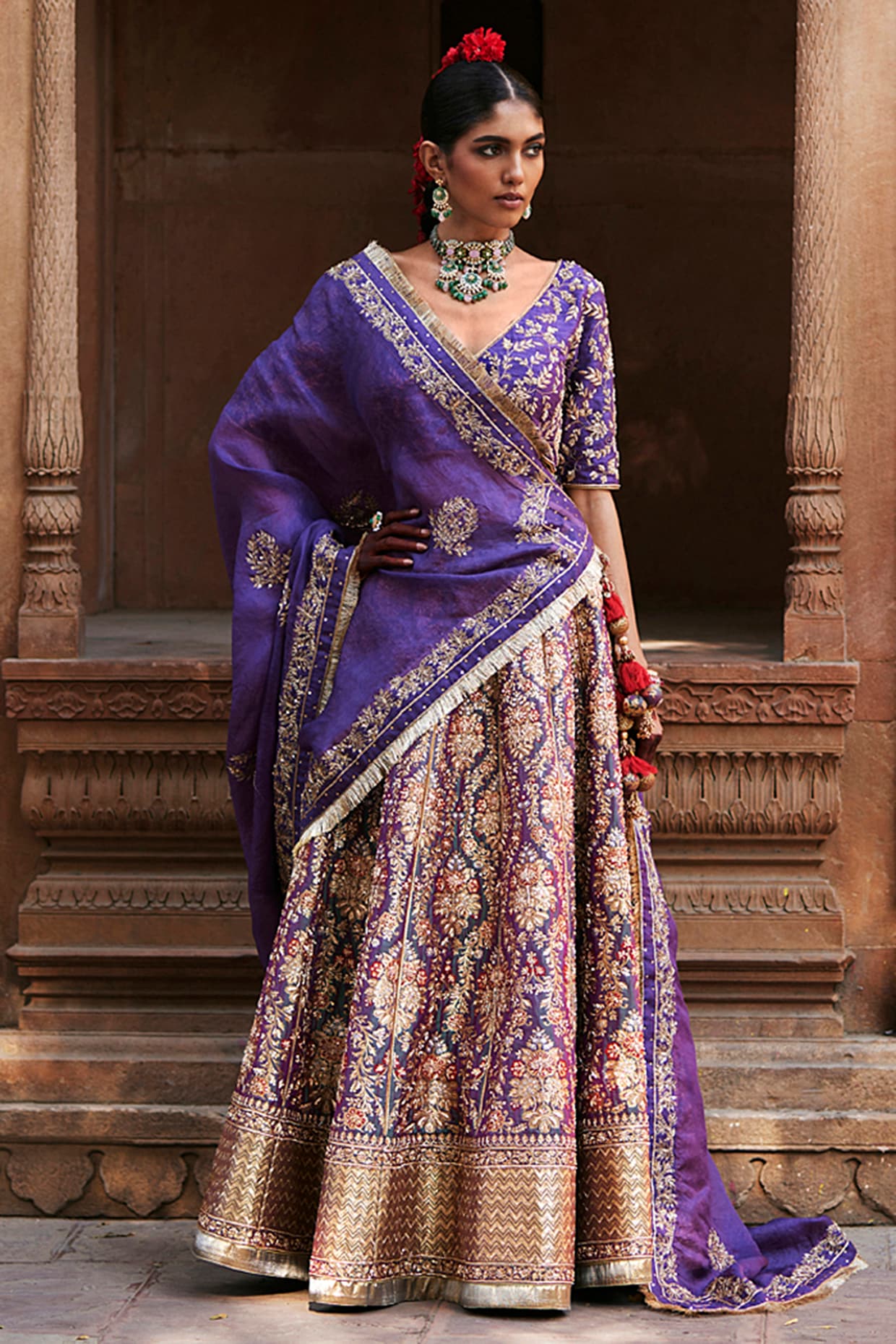 Buy Tarun Tahiliani Pink Embroidered Lehenga Saree Set Online | Aza Fashions