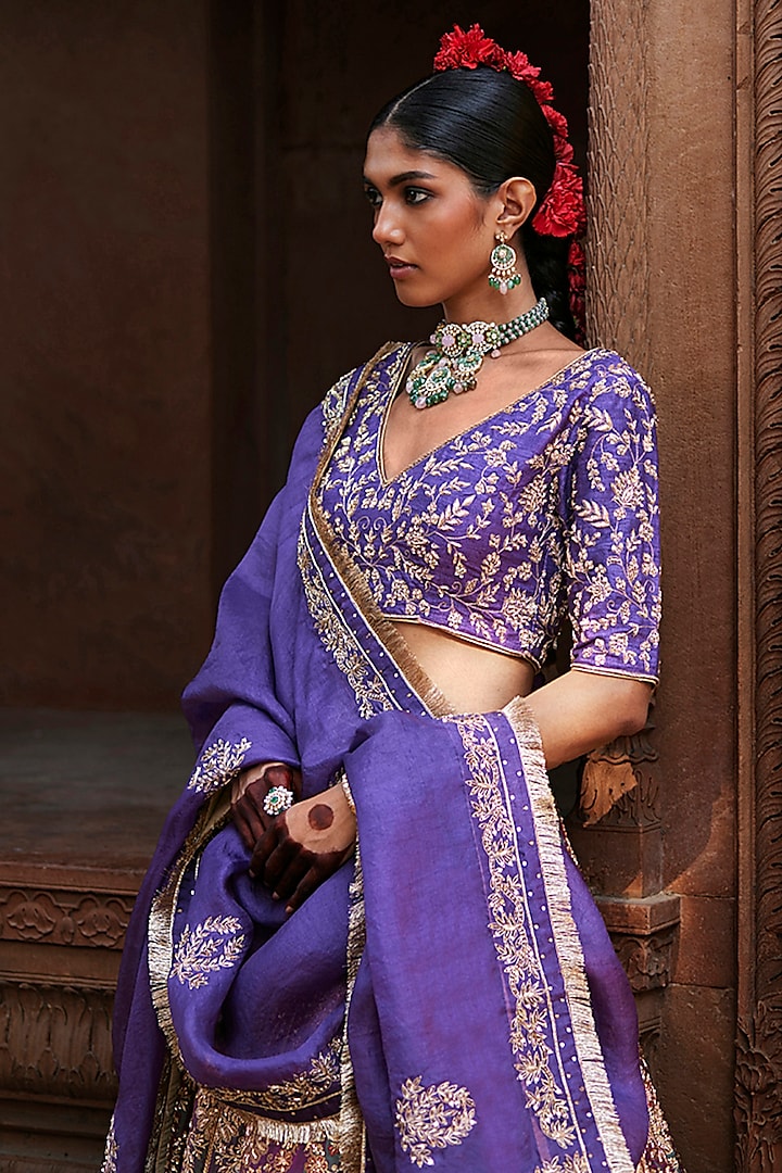 Blue Katan Silk Zardosi Hand Embroidered Brocade Banarasi Dual-Shaded Kalidar Bridal Lehenga Set by Weaverstory at Pernia's Pop Up Shop