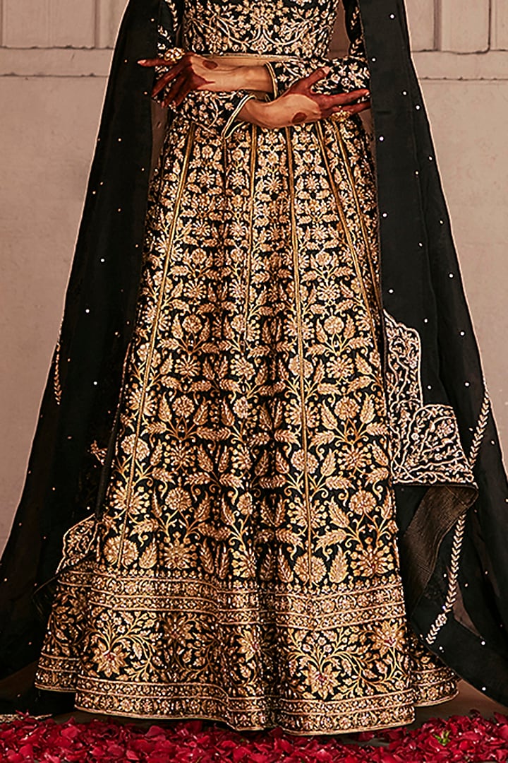 Black Katan Silk Zardosi Hand Embroidered Brocade Banarasi Dual-Shaded Kalidar Bridal Lehenga Set by Weaverstory at Pernia's Pop Up Shop