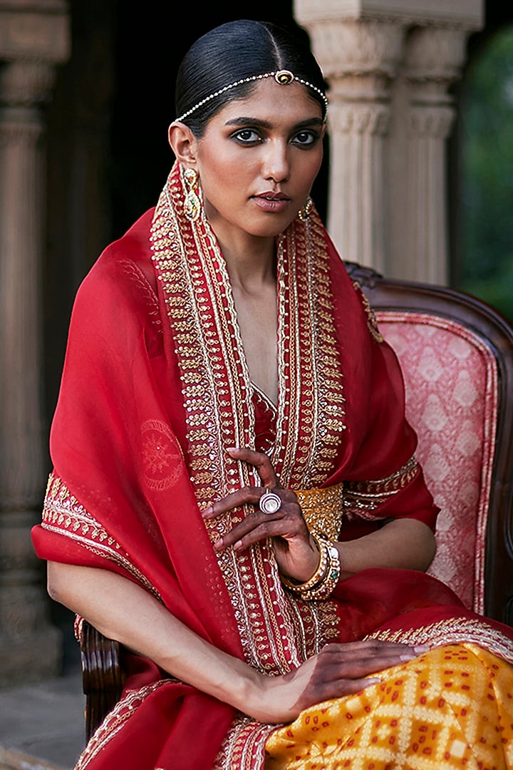 Yellow Georgette Banarasi Bandhej Kalidar Wedding Lehenga Set by Weaverstory at Pernia's Pop Up Shop