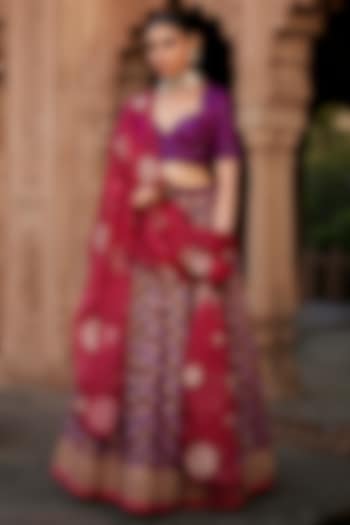 Purple Georgette Banarasi Bandhej Kalidar Wedding Lehenga Set by Weaverstory at Pernia's Pop Up Shop