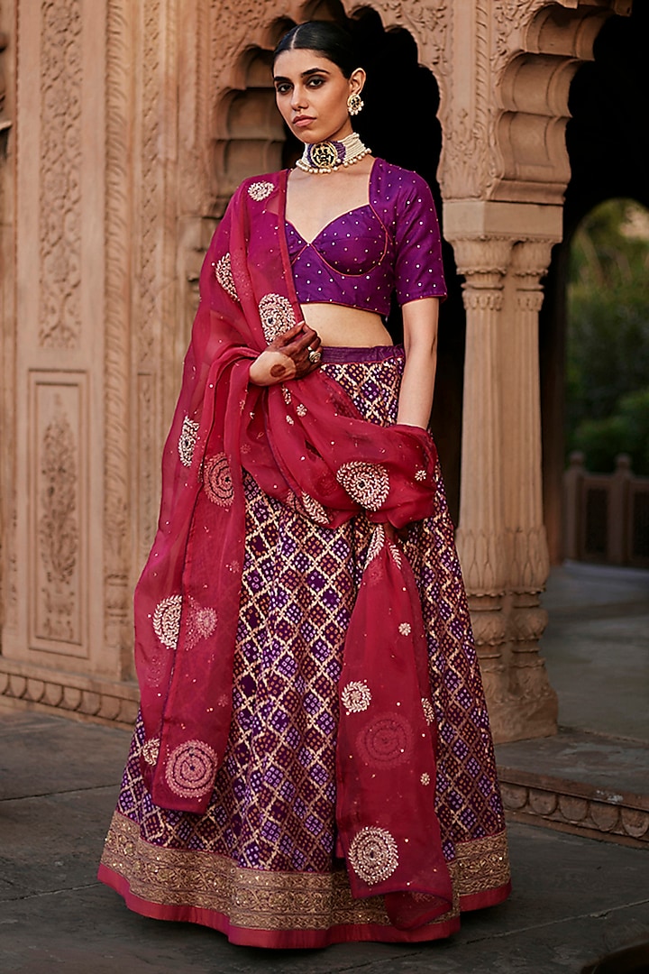 Purple Georgette Banarasi Bandhej Kalidar Wedding Lehenga Set by Weaverstory at Pernia's Pop Up Shop