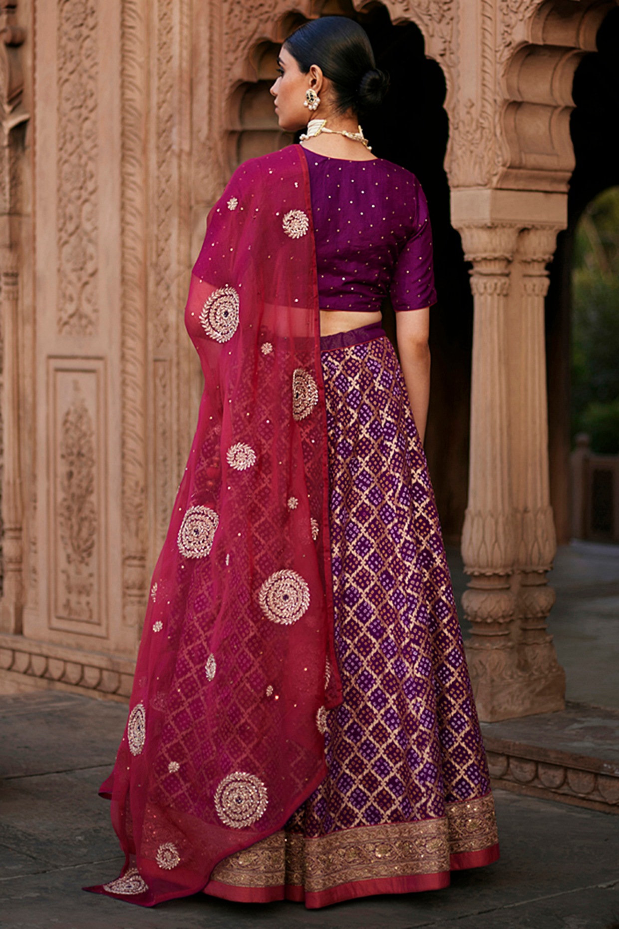 Deep Purple Hand Embroidered Zardozi Banarasi Kalidar Lehenga With Cho –  WeaverStory