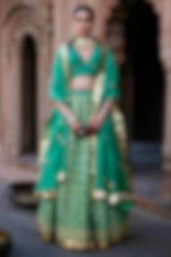 Light Green Georgette Banarasi Bandhej Kalidar Wedding Lehenga Set by Weaverstory at Pernia's Pop Up Shop