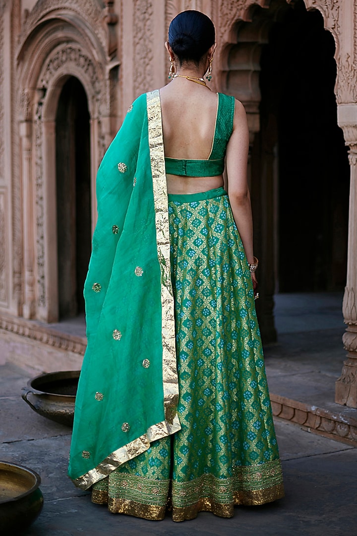 Light Green Georgette Banarasi Bandhej Kalidar Wedding Lehenga Set by Weaverstory at Pernia's Pop Up Shop