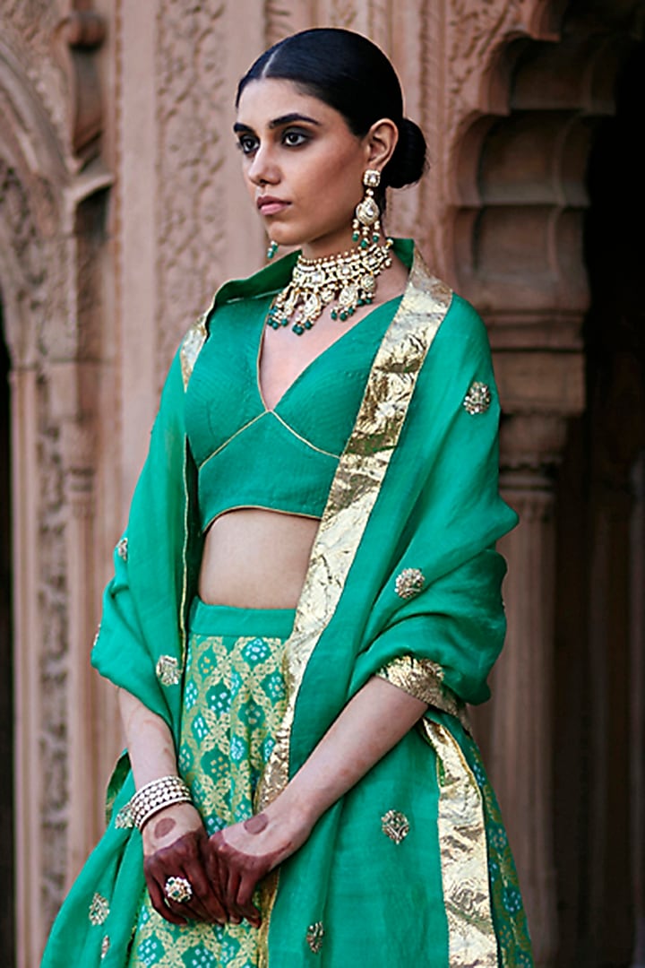Light Green Georgette Banarasi Bandhej Kalidar Wedding Lehenga Set by Weaverstory at Pernia's Pop Up Shop