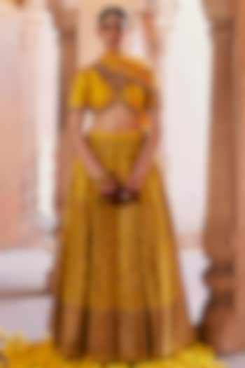 Yellow Katan Silk Brocade Banarasi Kalidar Wedding Lehenga Set by Weaverstory at Pernia's Pop Up Shop