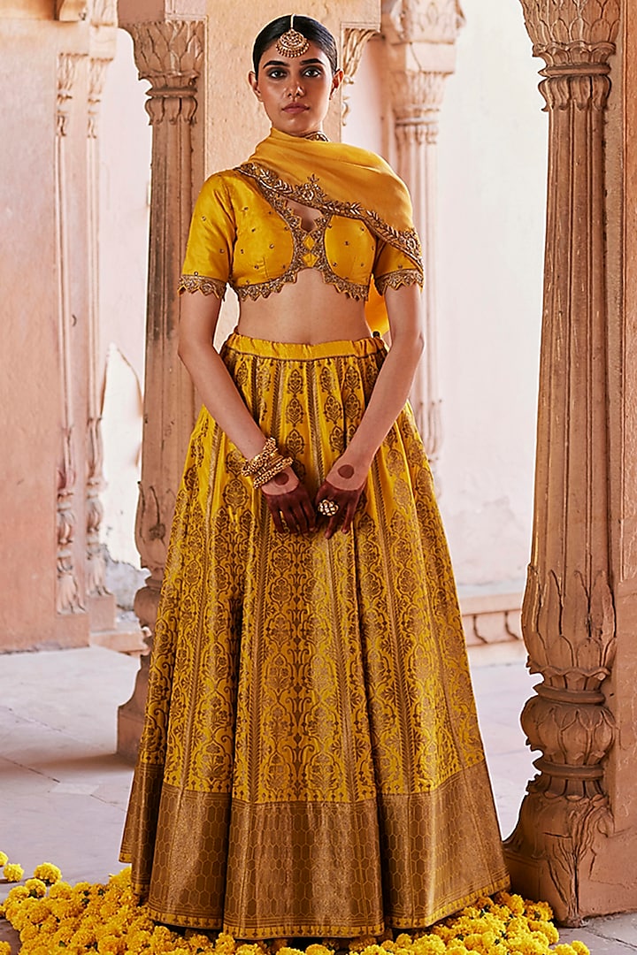 Yellow Katan Silk Brocade Banarasi Kalidar Wedding Lehenga Set by Weaverstory at Pernia's Pop Up Shop