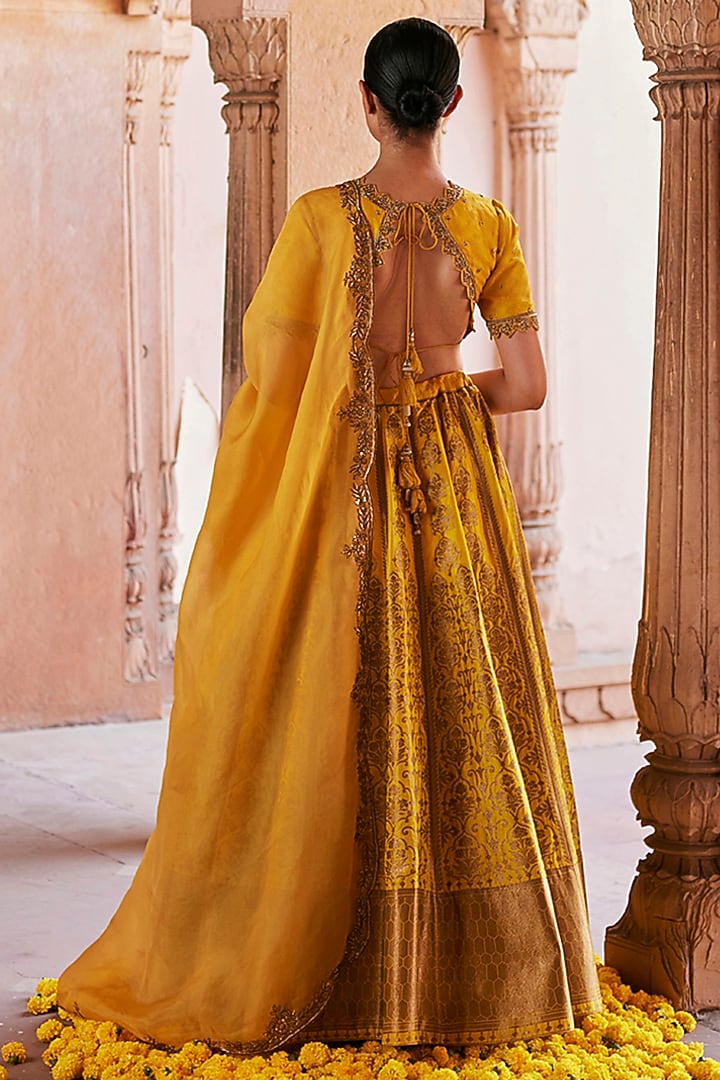 Yellow Katan Silk Brocade Banarasi Kalidar Wedding Lehenga Set by Weaverstory at Pernia's Pop Up Shop