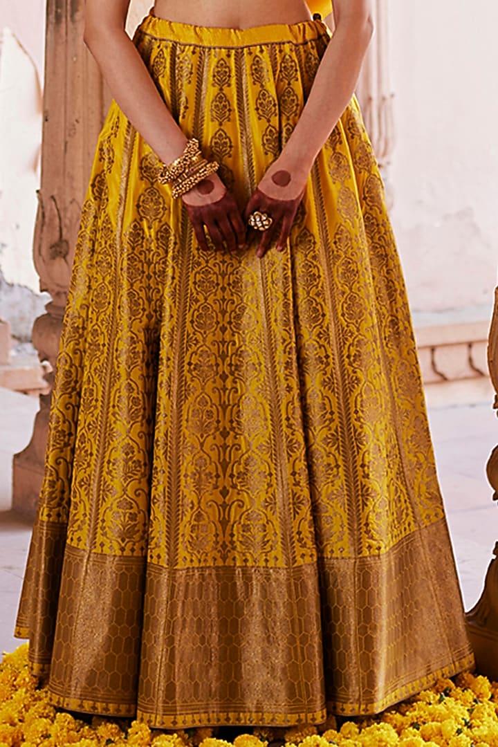 Yellow Katan Silk Brocade Banarasi Kalidar Wedding Lehenga Set by Weaverstory at Pernia's Pop Up Shop