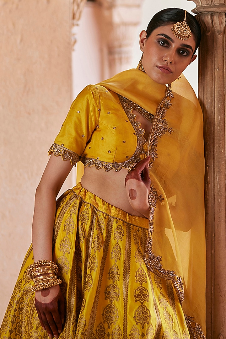 Yellow Katan Silk Brocade Banarasi Kalidar Wedding Lehenga Set by Weaverstory at Pernia's Pop Up Shop