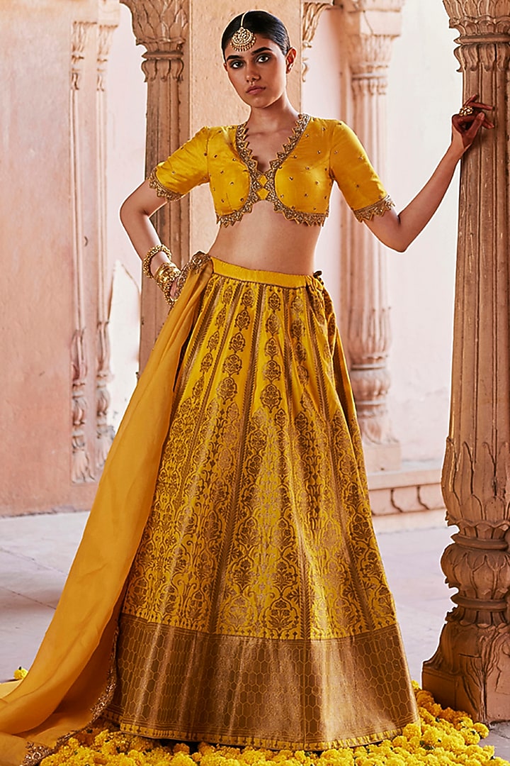 Yellow Katan Silk Brocade Banarasi Kalidar Wedding Lehenga Set by Weaverstory at Pernia's Pop Up Shop