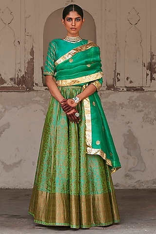 Green Pure Katan Silk Brocade Banarasi Kalidar Lehenga Set by Weaverstory